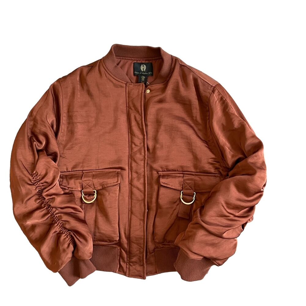 HOUSE OF HARLOW 1960 Women's Satin Zip Up Bomber Jacket Size M Copper Brown NEW - Picture 2 of 16